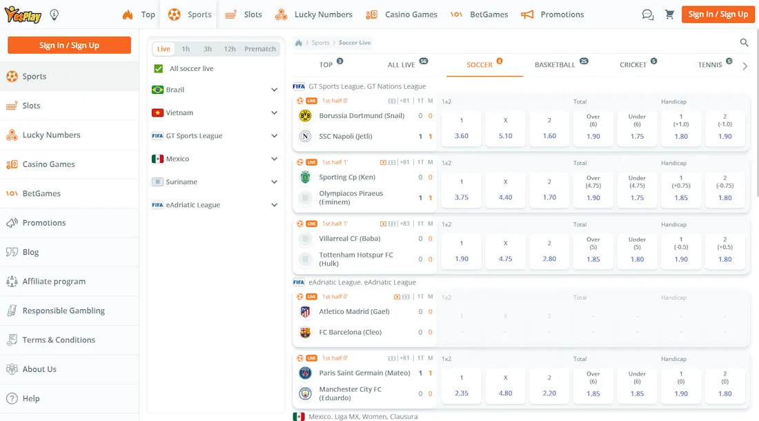 YesPlay Football Betting Screenshot